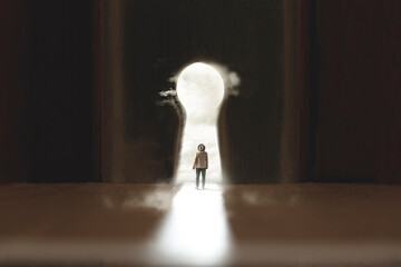 undecided man waits looking outwards whether or not to get out of a lock, surreal concept of freedom, success, business, change, difficulty
