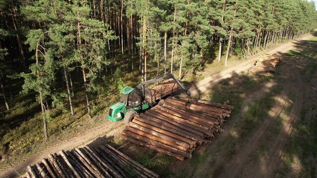 Crane forwarder machine during clearing of forested land. Wheeled harvester transports raw timber from felling site out. Harvesters, Forest Logging machines. Forestry forwarder on deforestation.