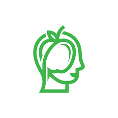 Human head logo with fruit apple, human silhouette simple linear geometric shape in minimalist style.