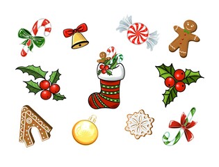 Christmas icons set. Clipart JPEG  illustration for stickers, creating patterns, wallpaper, 
wrapping paper, postcards, design template, fabric, clothing, cross-stitch, embroidery.