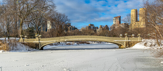 Bow bridge in winter after snow storm