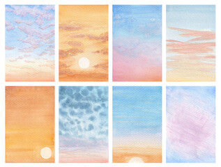Watercolor sky illustration. . Beautiful sunrises and sunsets. Morning and evening sky in pastel colors. Hand-drawn high-resolution art for posters, postcards, invitations, and other design.