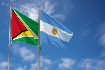 Co-operative Republic of Guyana and Argentina Flags Over Blue Sky Background. 3D Illustration