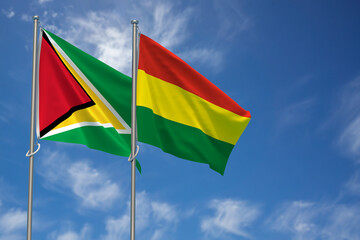 Co-operative Republic of Guyana and Plurinational State of Bolivia Flags Over Blue Sky Background. 3D Illustration