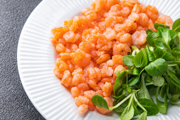 shrimp small prawn spicy cocktail seafood fresh meal food snack on the table copy space food background rustic top view