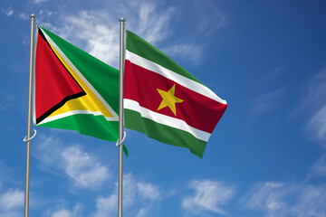 Co-operative Republic of Guyana and Republic of Suriname Flags Over Blue Sky Background. 3D Illustration
