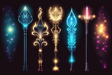 set of glowing magic wands. Generative AI - obrazy, fototapety, plakaty