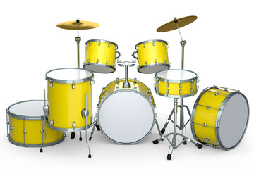 Set of realistic drums with metal cymbals or drumset on white background