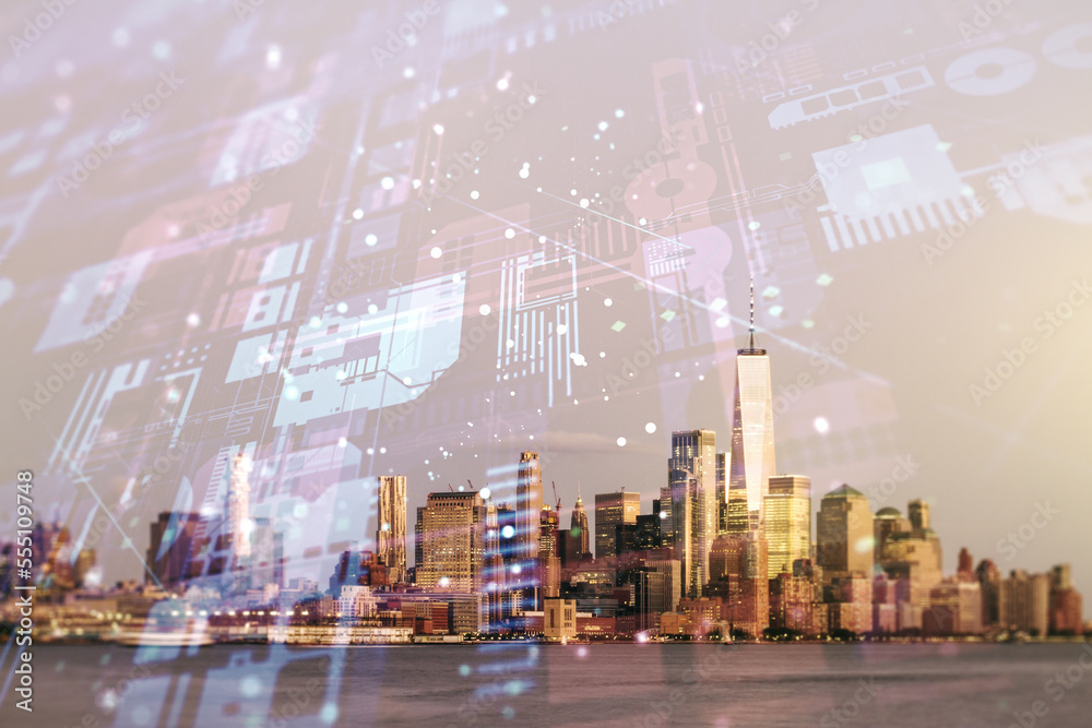 Poster multi exposure of abstract programming language hologram on manhattan office buildings background, a