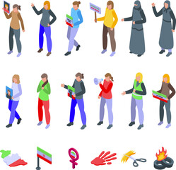 Iran protests icons set isometric vector. Woman hair. Girl flag