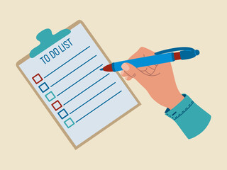 Hand holding a pen and making notes on To Do List. Hand drawn vector illustration isolated on light background, flat cartoon style.