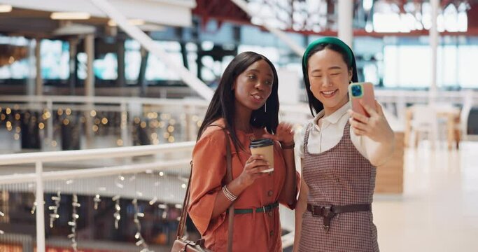 Phone selfie, women and friends with peace sign at mall taking pictures for social media. Bokeh, hand gesture and girls taking photo on mobile smartphone for profile picture or happy memory together.
