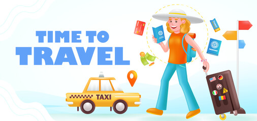 Time to Travel, 3d illustration of woman carrying suitcase while waiting for taxi