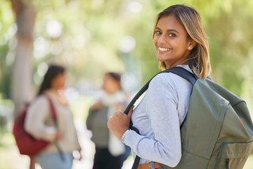 Education, scholarship or girl in university, college or back to school with a happy smile excited...