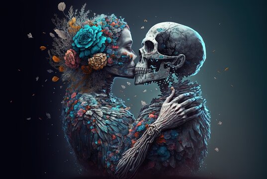 eternal love concept illustration, A woman kissing her lover skeleton.