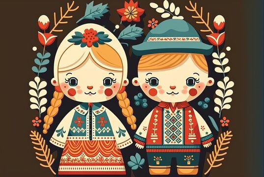Norwegian art style illustration of a couple doll holding hand 