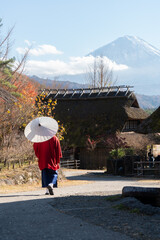 Traveller in japan with Fuji mountain view