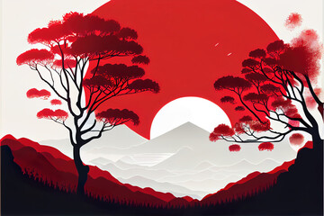 illustration of a landscape with mountains at sunset, abstract red and black and white composition, made with generative ai