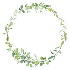 Obraz na płótnie Canvas Floral wreath teamplate with realistic hand painted watercolor green leaves for wedding and greeting cards with copy space inside