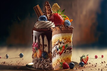 Naklejka premium illustration of mix berries cake with chocolate splash