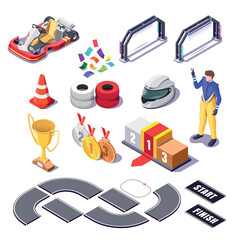 vector set isometric auto racing sport on white background, low poly objects of the cup, roads for karting, medals, helmet, 3d red karting