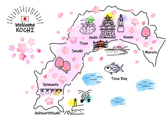 春の高知県の観光地のシンプル線画イラストマップ（ピンク）