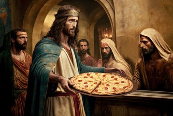 illustration of Jesus Christ is holding pizza tray with other surrounded him, inspiration from bible word 