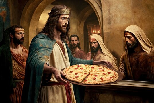 illustration of Jesus Christ is holding pizza tray with other surrounded him, inspiration from bible word "  Whoever comes to me will never go hungry" 