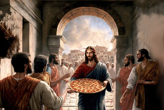 illustration of Jesus Christ is holding pizza tray with other surrounded him, inspiration from bible word "  Whoever comes to me will never go hungry" 