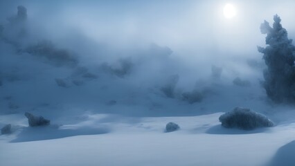 snowy mountains landscape with fog, generative ai