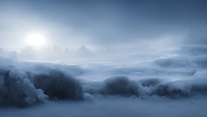 Obraz premium snowy mountains landscape with fog, generative ai