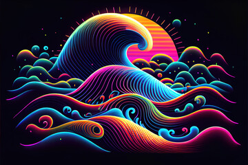 80's retro synthwave color design ocean wave  landscape, made with generative ai