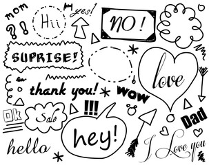 Hand drawn set of sayings and speech bubbles vector