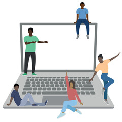 Black girls and guys on the background of a huge laptop, programmers, isolate on white, flat vector, faceless illustration, teamwork of programmers