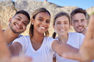 Couple of friends, diversity or selfie in nature hike, social gathering or summer holiday in travel location or countryside mountains. Smile portrait, happy men and women bonding in pov photography