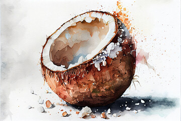 watercolor painting of delicious coconut, made with generative ai