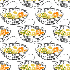 Seamless pattern with Asian food cuisine stylized soup illustration on white background