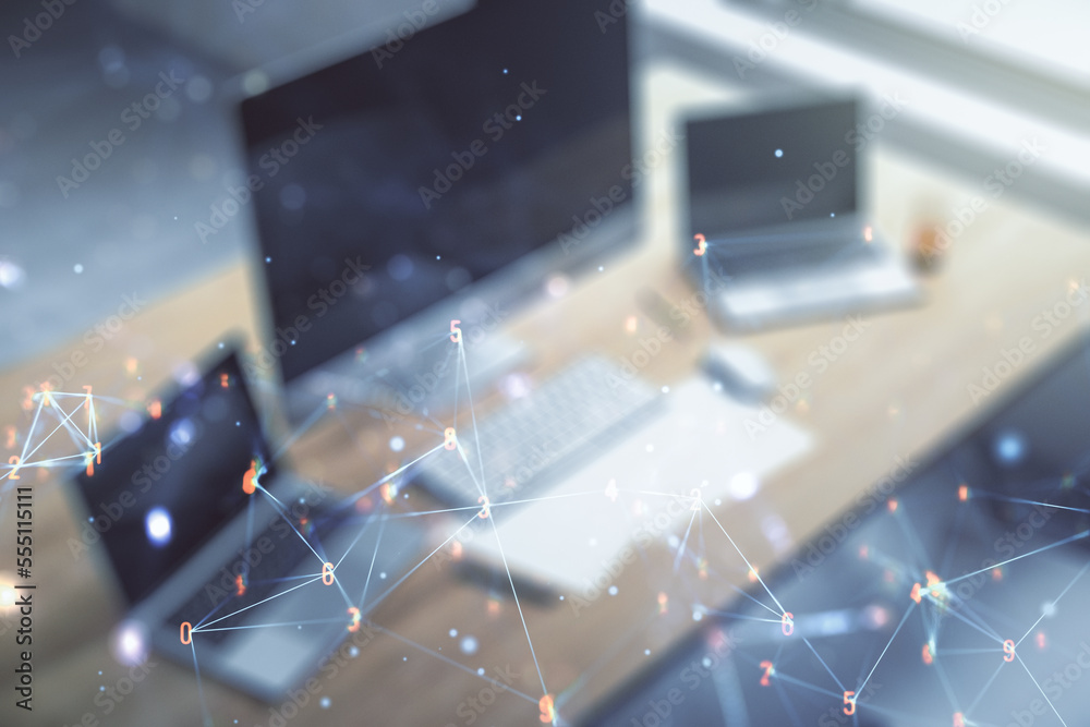 Aufkleber Creative abstract wireless technology hologram and modern desktop with pc on background, artificial intelligence and machine learning concept. Multi exposure