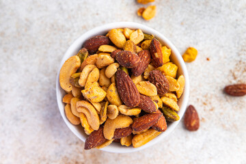 nut mix almond, cashew, pistachio, peanut fresh nuts meal food snack on the table copy space food...
