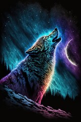 Wolf howling to the moon, illustrative colorfully poster, northern lights  on the sky. Generative ai. 