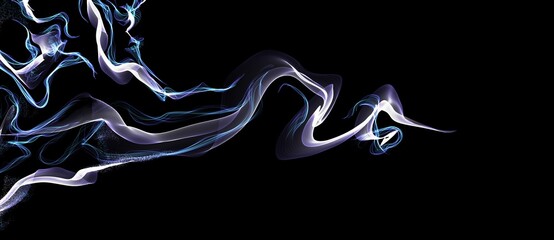 Digital art technology smoke streaks in black background. Abstract blue and violet dynamic lines transparent dark composition. Neon glowing hi-tech futuristic image.