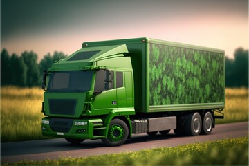Eco friendly transportation , unreal concept, 3d rendering of green truck icon on fresh spring, AI art