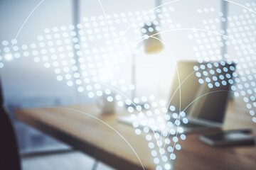 Abstract creative world map with connections on modern laptop background, international trading concept. Multiexposure
