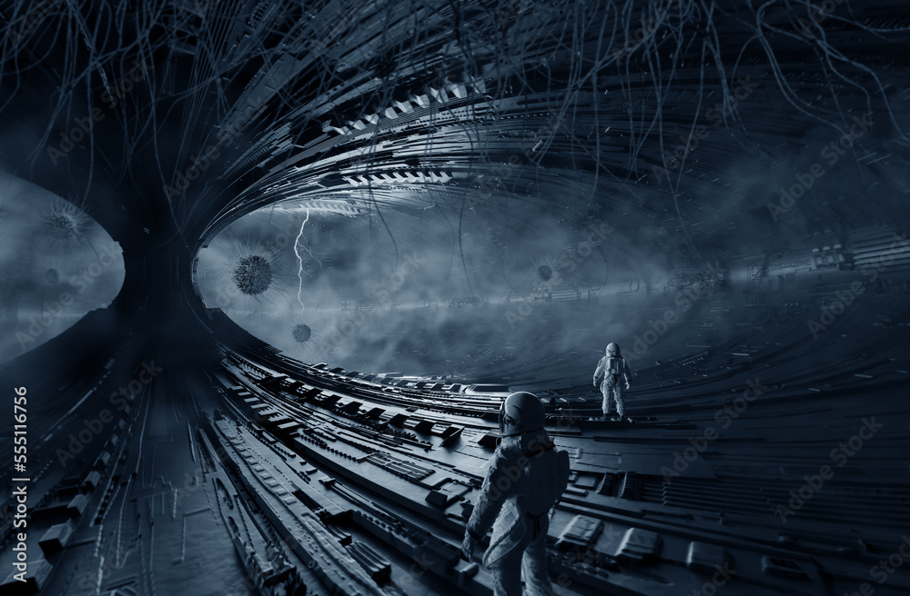 Wall mural interior of an abandoned space station, empty room, 3d illustration