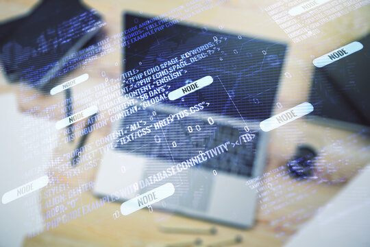 Multi exposure of abstract creative coding sketch with world map on modern laptop background, artificial intelligence and neural networks concept