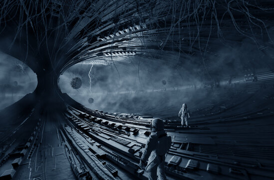 Interior of an abandoned space station, empty room, 3D illustration