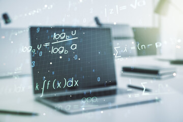 Creative scientific formula concept on modern laptop background. Multiexposure