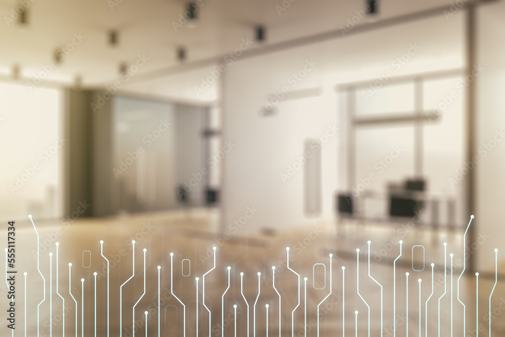 Poster abstract virtual micro circuit sketch on a modern furnished office interior background, future techn