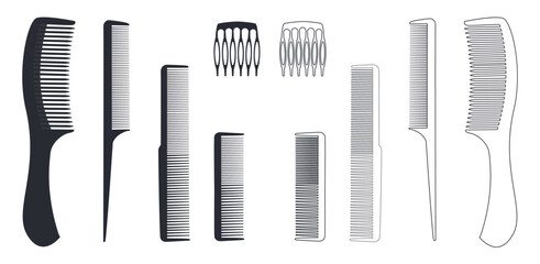 comb icon collection in black silhouette and line art style isolated on white background. Simple vector illustration, graphic, pictogram - obrazy, fototapety, plakaty