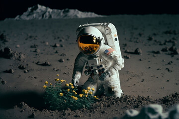 Happy astronaut standing with raised hands surrounded by flowers